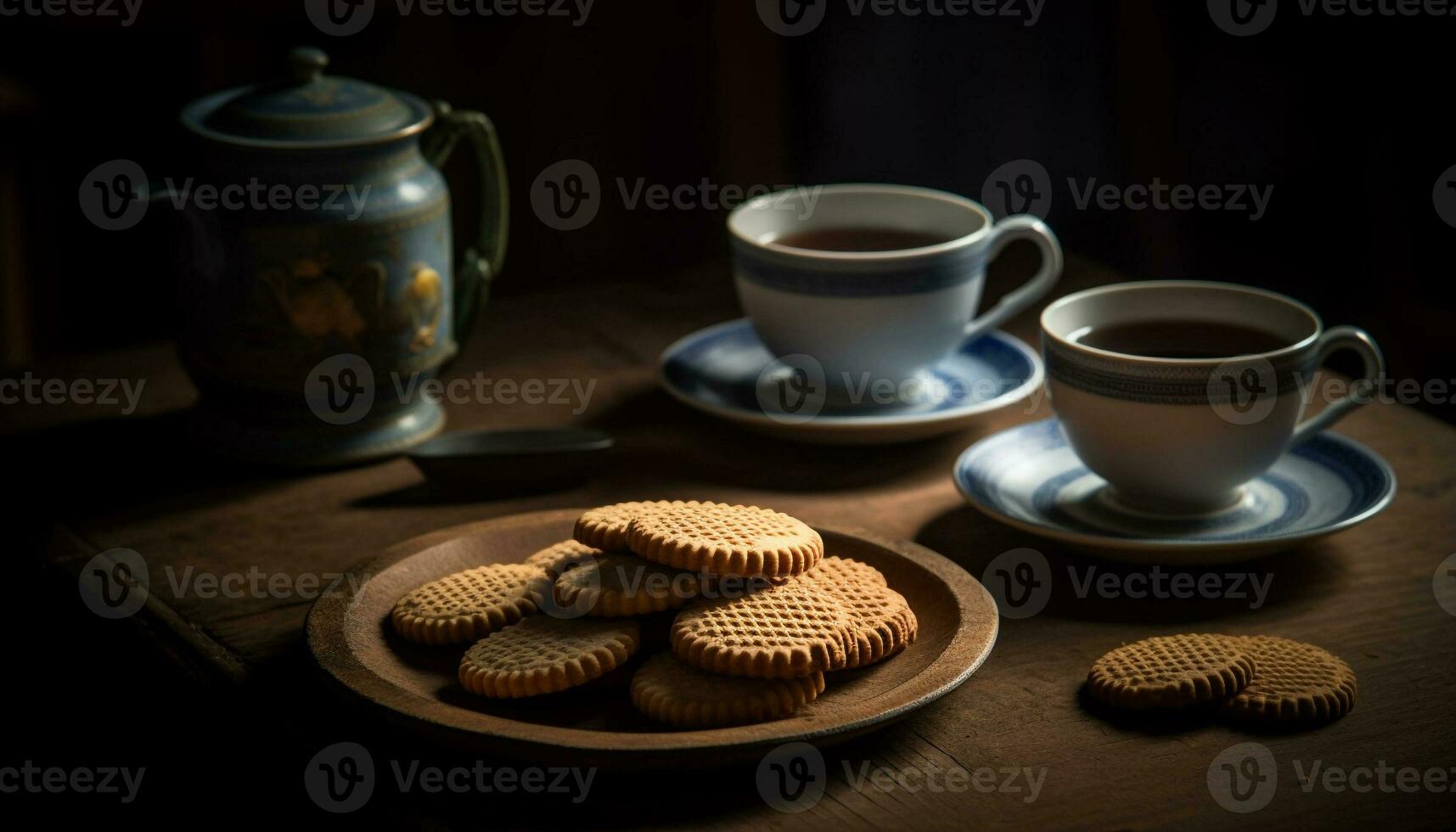 A stack of homemade chocolate chip cookies on a rustic table generated by AI photo