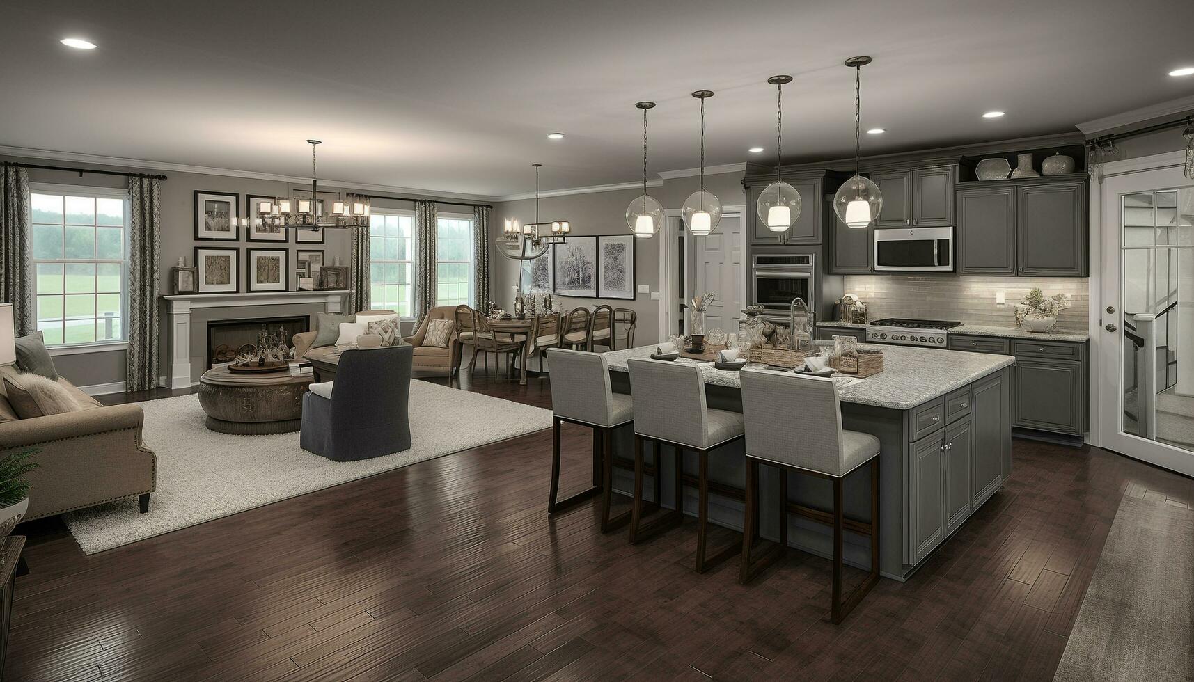 Modern domestic in room indoors with table, home interior, architecture, flooring, luxury, wood, window, lifestyles generated by AI photo