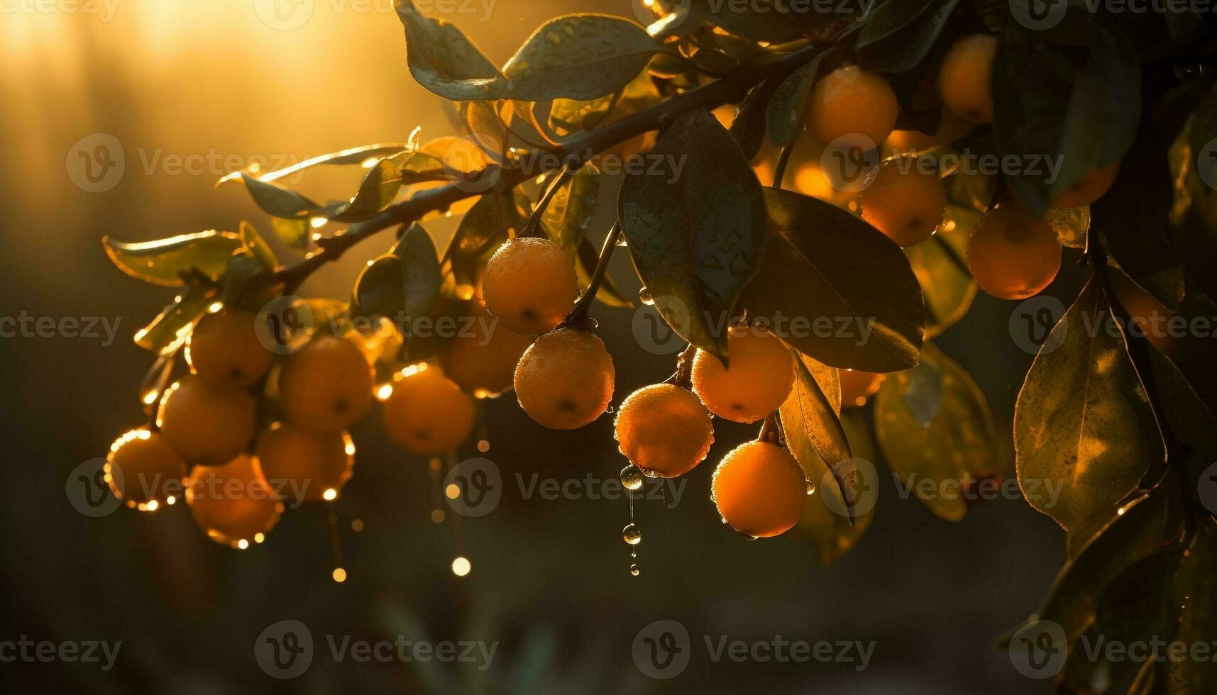 Freshness of autumn  ripe citrus fruit under the vibrant sunset generated by AI photo