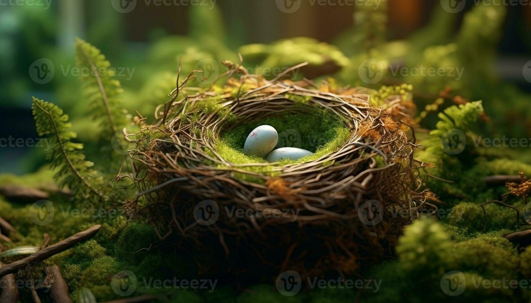 Freshness of springtime, a cute young bird in its animal nest generated by AI photo