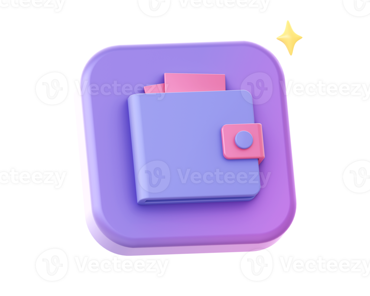 3d render of purple money wallet side icon for UI UX web mobile apps social media ads design png