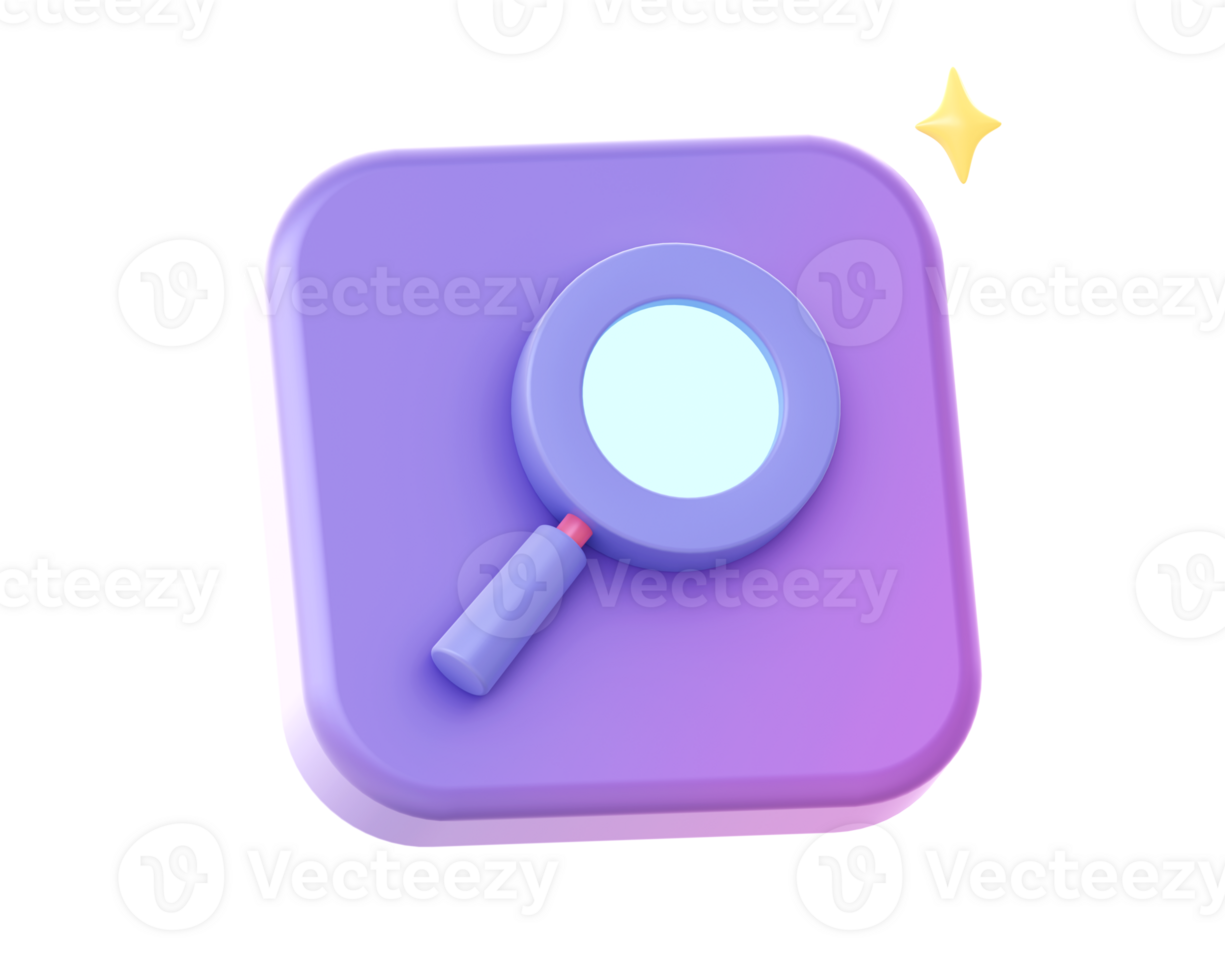 3d render of purple magnifying glass side icon for UI UX web mobile apps social media ads design png