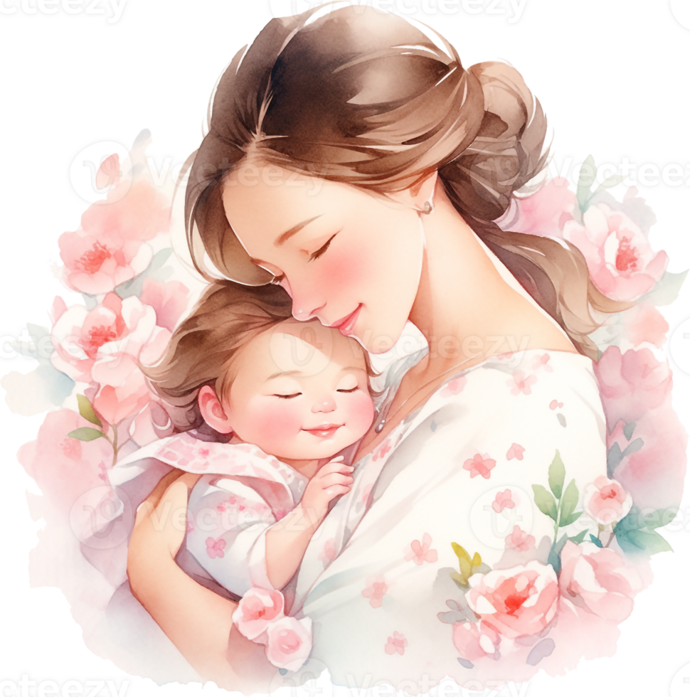 Watercolor Beautiful Silhouette Mother Holding a Baby in Hand Happy Mother's Day. png