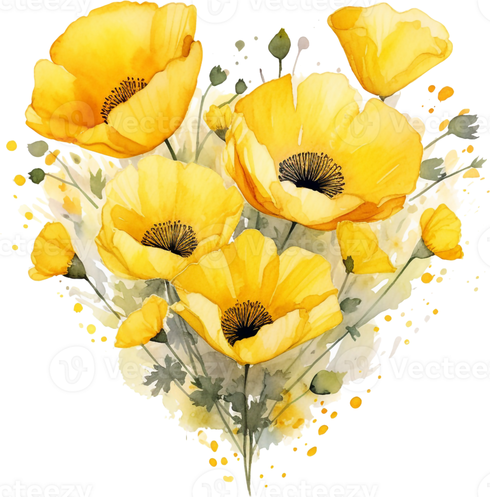 acuarela corazón con amarillo amapolas mano pintado flores y hojas aislado en blanco antecedentes. San Valentín día impresión. floral ilustración para diseño, tela, tarjeta png