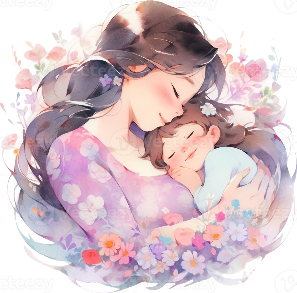 Watercolor Beautiful Silhouette Mother Holding a Baby in Hand Happy Mother's Day png