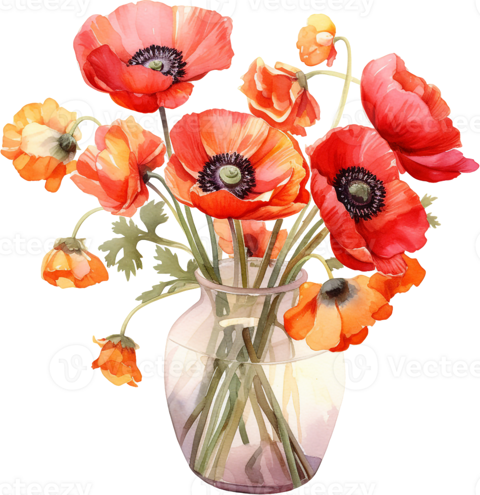 Watercolor Drawing of Red Poppy Flowers Isolated on White. Botanical Illustration of Papaver Rhoeas in Vintage Style. Summer Poppy Artwork. Floral Wedding Decoration Bouquet png