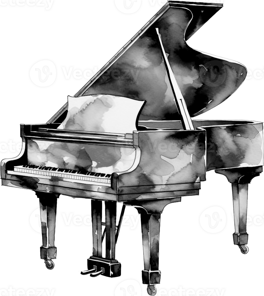 Black watercolor sketch grand piano on a white background png