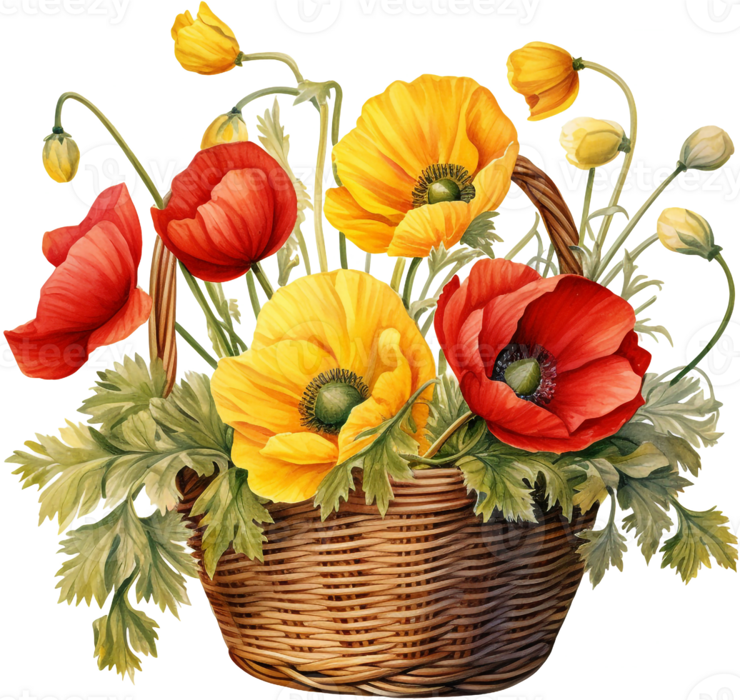 Wicker basket with a bouquet of summer wild flowers poppy. Blooming flowers red poppies, pansies, herbs in a meadow wreath. png