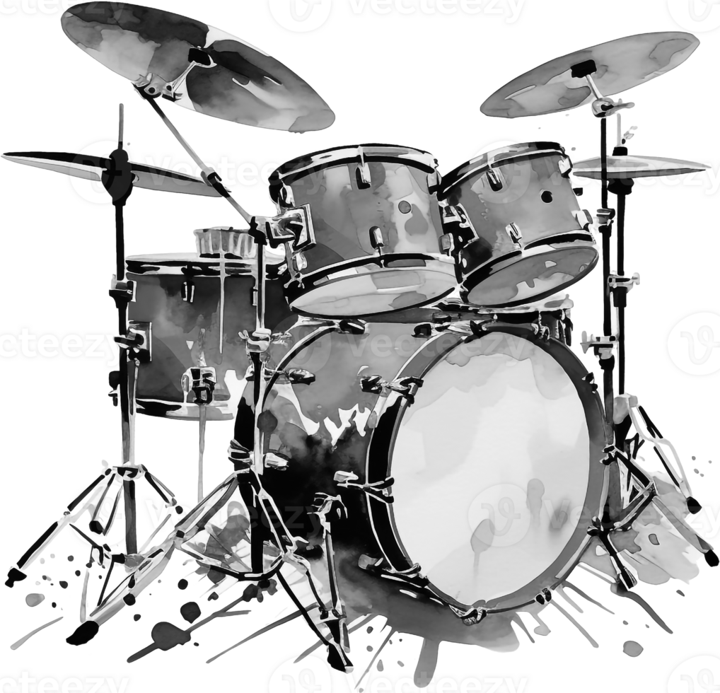 Watercolor sketch of drum kit isolated on white background. png