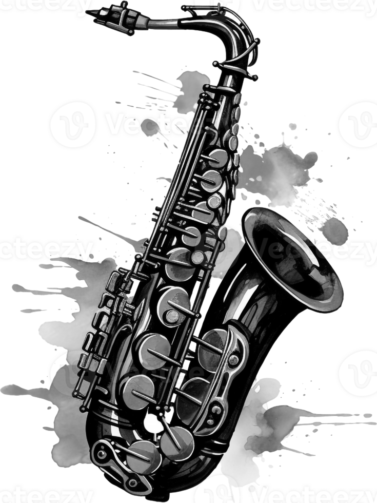 Abstract close up of black saxophone in aquarelle style. Watercolor illustration isolated on white background. png