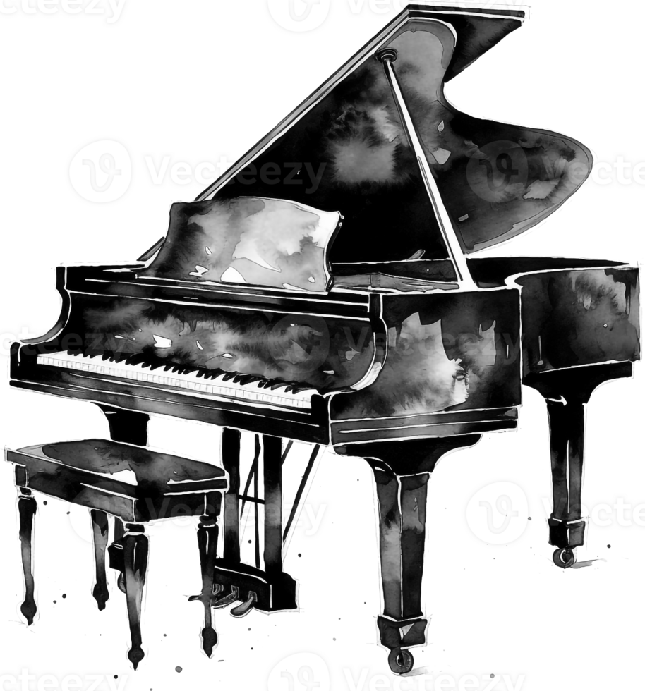 Black watercolor sketch grand piano on a white background. png