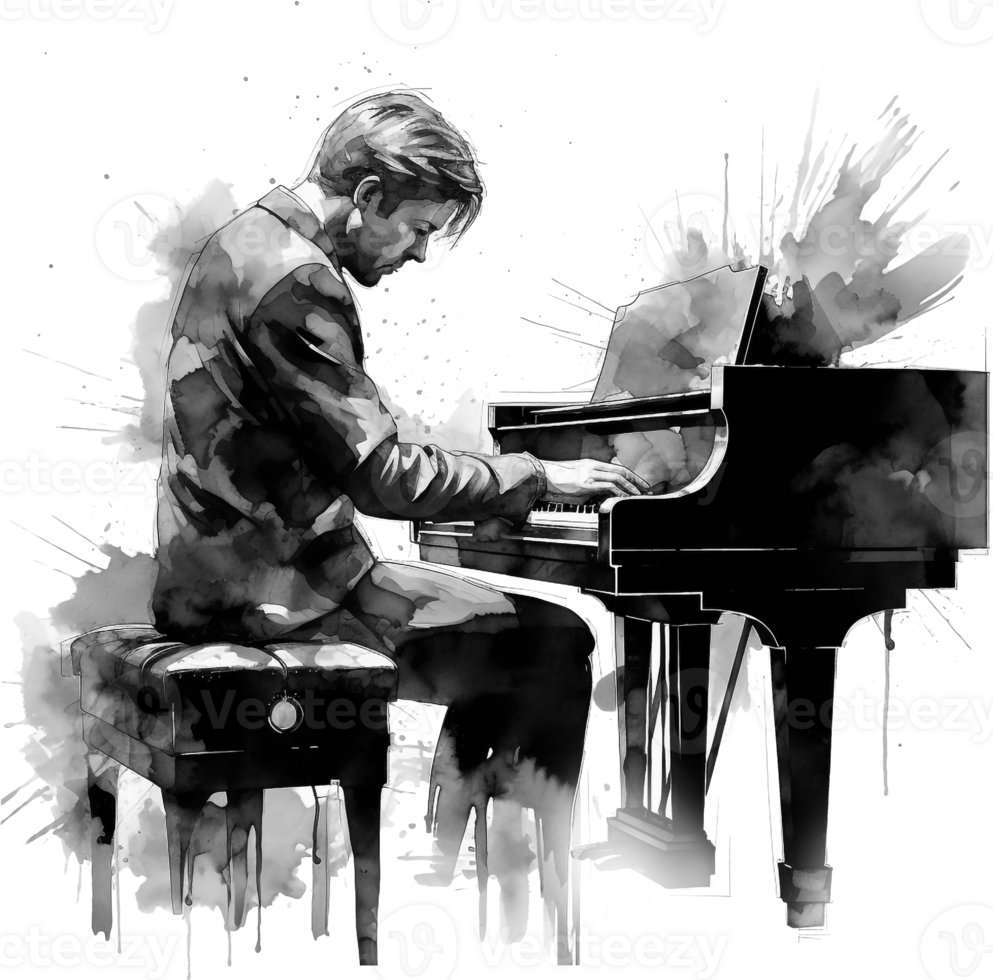 Pianist man in black tailcoat watercolor illustration. Expressive romantic pianist man plays piano isolated on white png