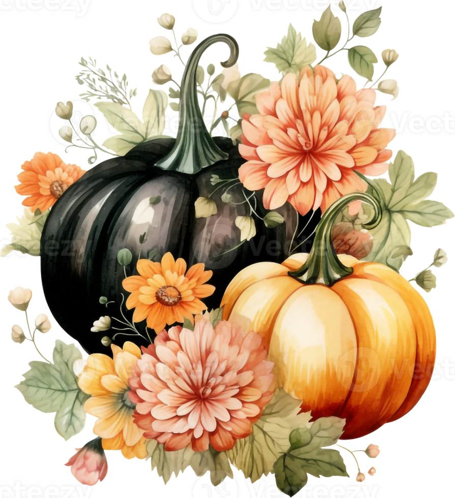 Watercolor Halloween illustration with bright pumpkins, black flowers and leaves, bones drawn by hand. Halloween illustration for sticker, invitation, poster, packaging, designs, cards png