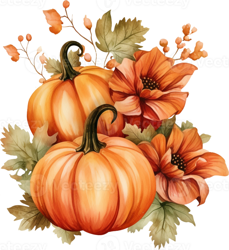 Autumn watercolor illustration with pumpkins and flowers leaves isolated on white background. Watercolor hand-painted perfect for design decorative greeting cards, or posters in the autumn festival png