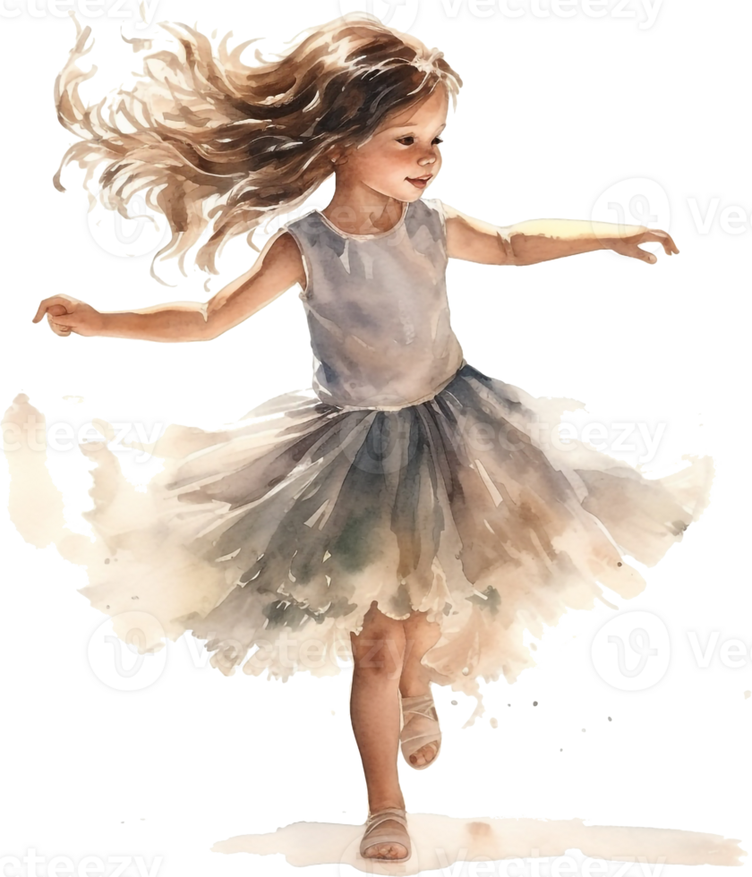 Cute dancing girl illustration. Little Girl watercolor style clipart isolated on white background. png