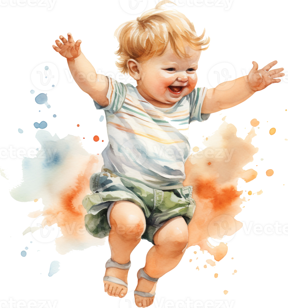 Watercolor dancing kid, happy boy dance, playing boy, watercolor clipart isolated on white background. png