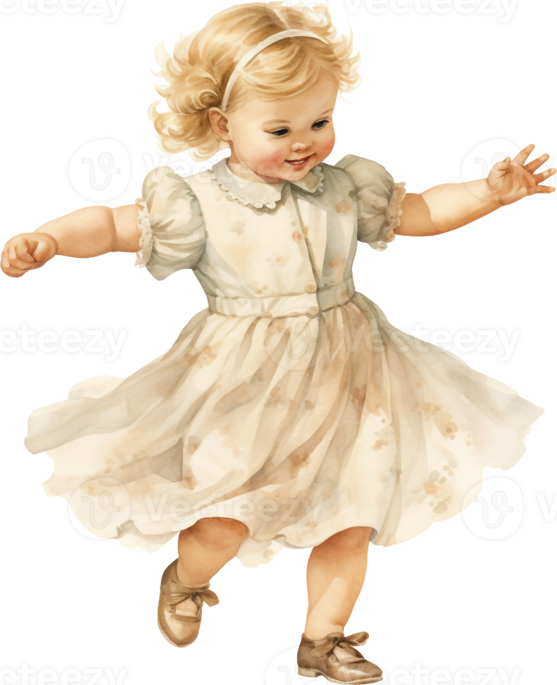 watercolor vintage style illustration, cute little girl dancing, child, doll, clip art isolated on white background png