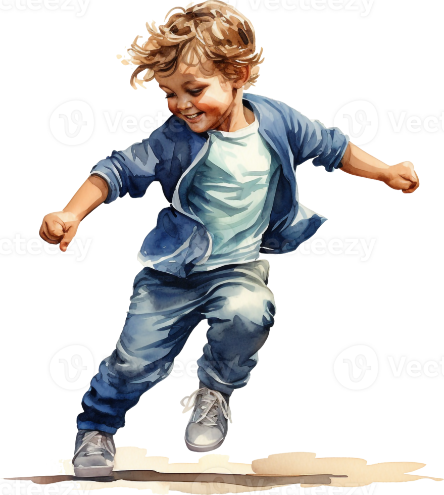 Watercolor dancing kid, happy boy dance, playing boy, watercolor clipart isolated on white background. png