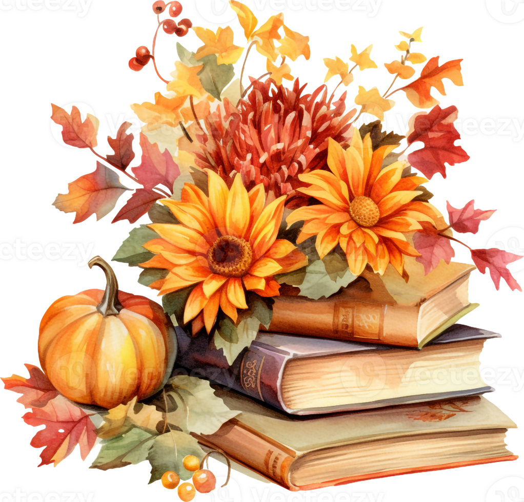 Watercolor autumn composition with book and fall flowers. Hand painted education card isolated on white background. Floral illustration for design, print or background. png