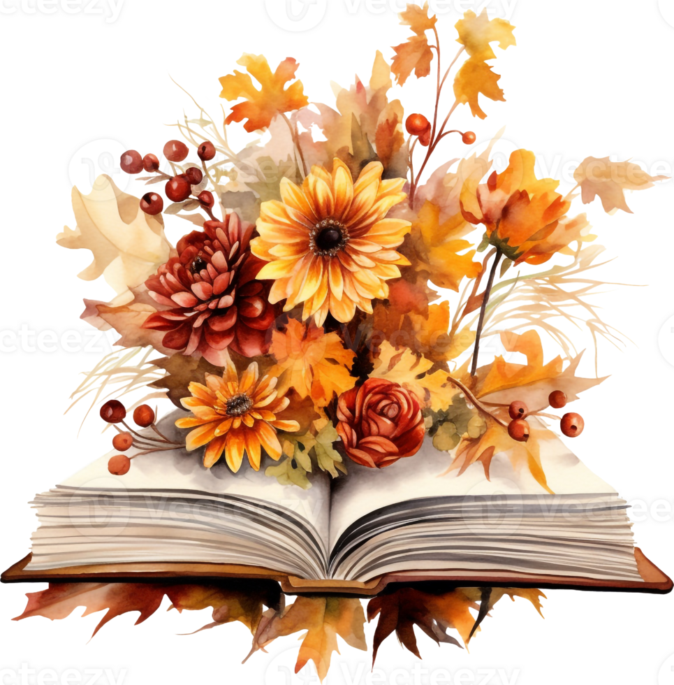 Watercolor autumn composition with book and fall flowers. Hand painted education card isolated on white background. Floral illustration for design, print or background. png