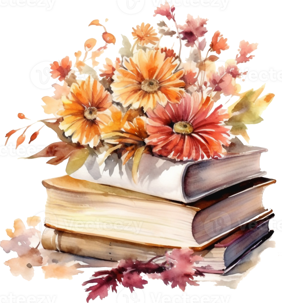 Watercolor autumn composition with book and fall flowers. Hand painted education card isolated on white background. Floral illustration for design, print or background. png