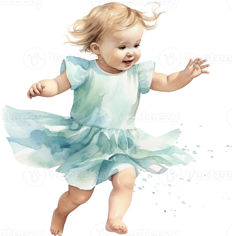 watercolor vintage style illustration, cute little girl dancing, child, doll, clip art isolated on white background png