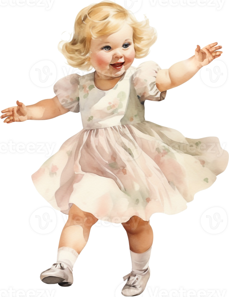 watercolor vintage style illustration, cute little girl dancing, child, doll, clip art isolated on white background png