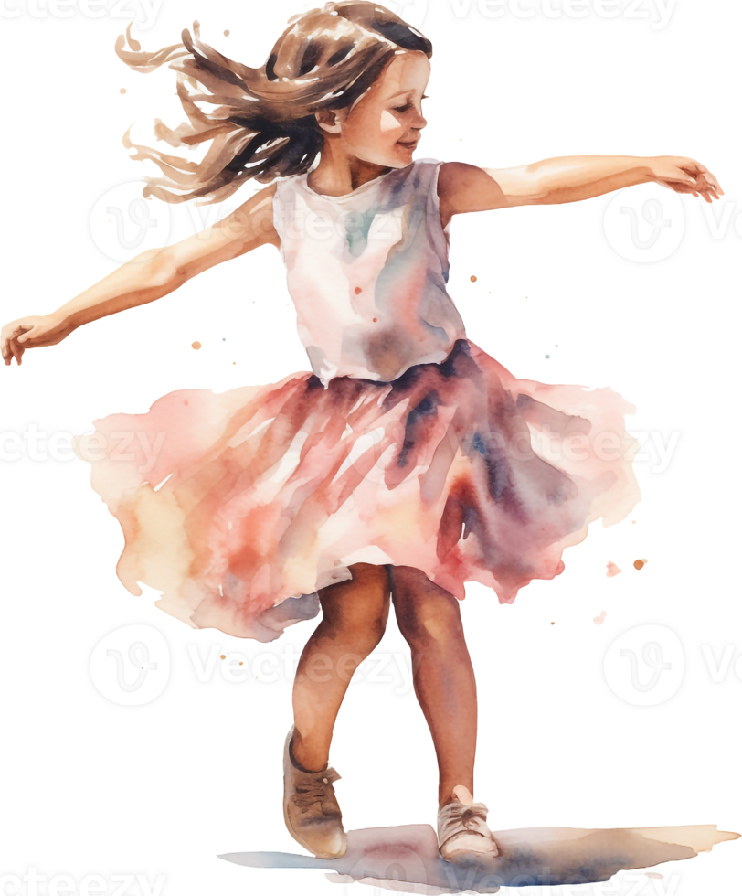 Cute dancing girl illustration. Little Girl watercolor style clipart isolated on white background. png