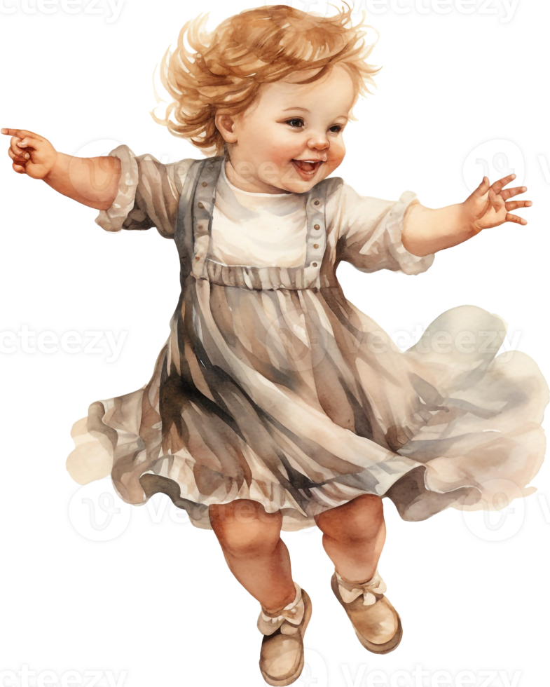 watercolor vintage style illustration, cute little girl dancing, child, doll, clip art isolated on white background png