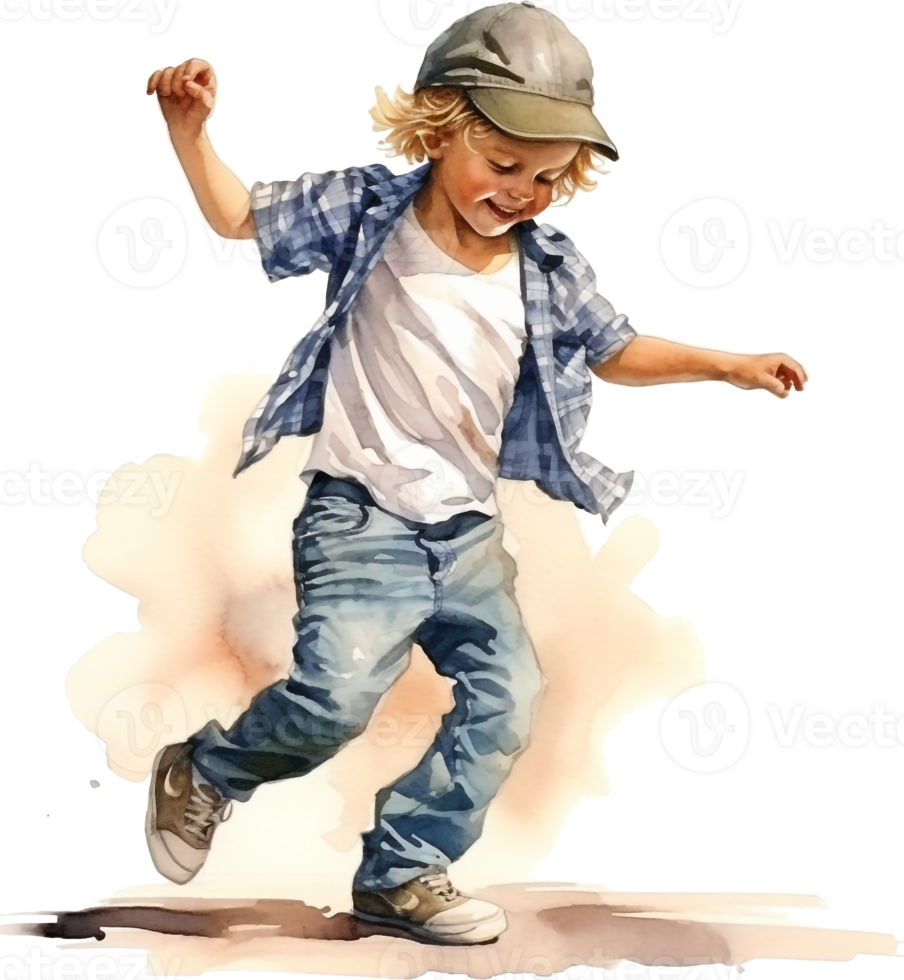 Watercolor dancing kid, happy boy dance, playing boy, watercolor clipart isolated on white background. png