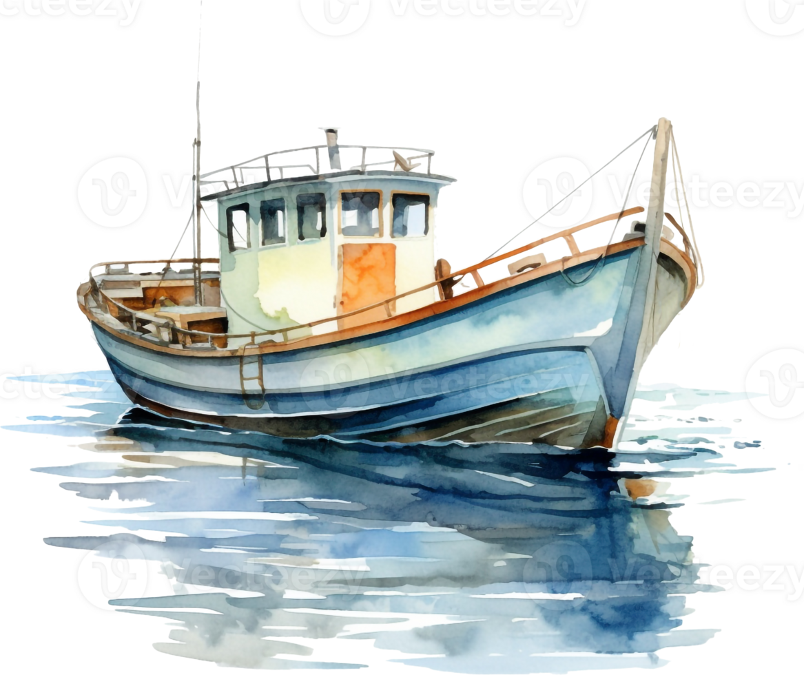 Watercolor hand drawn illustration background, barkas or lanch, blue boat in the sea, swings on waves, isolated background. Applicable for cards, surface design, packaging. png