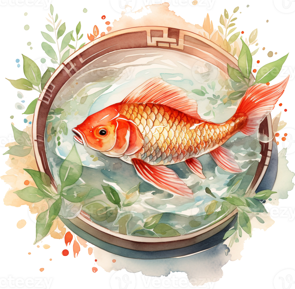 hand drawn koi fish in circle, Japanese carp line drawing coloring book image. Live fish chinese png