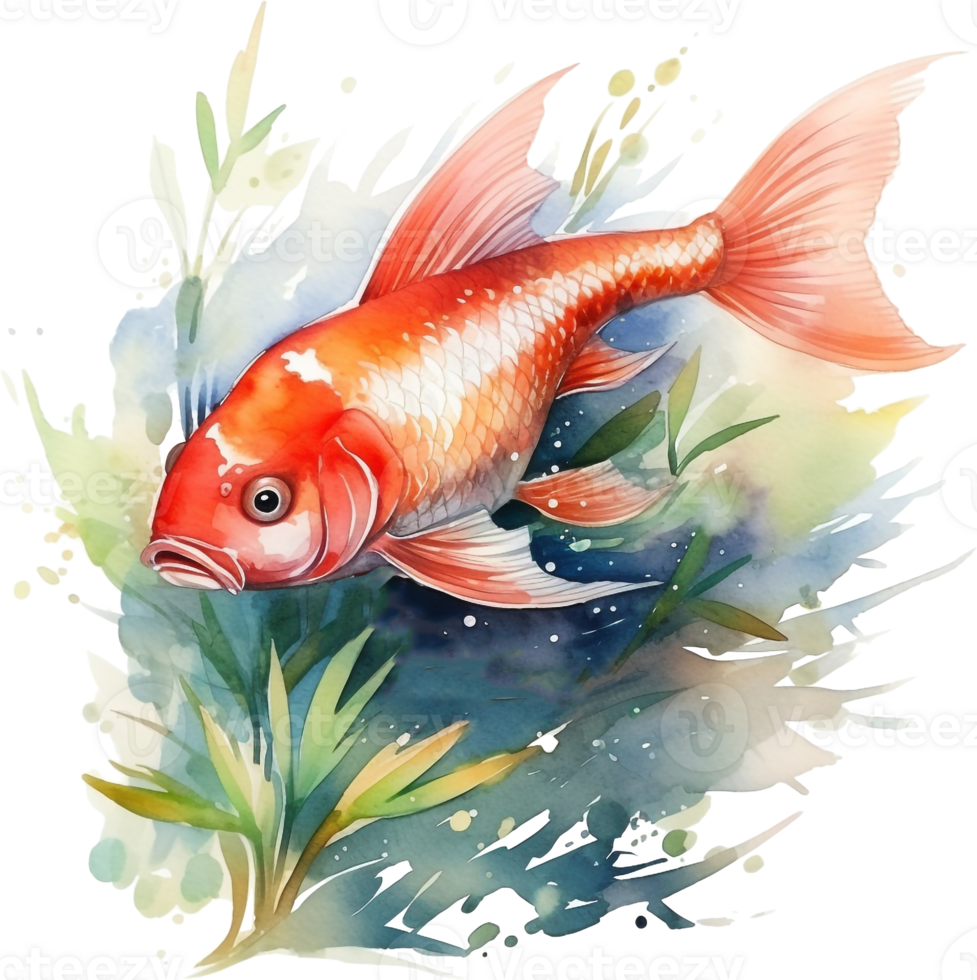 Colorful Koi fish watercolor art detailed illustration with flower splash and water splashes designs wall decor artworks fishes orange-gold color fish and blue water splash png