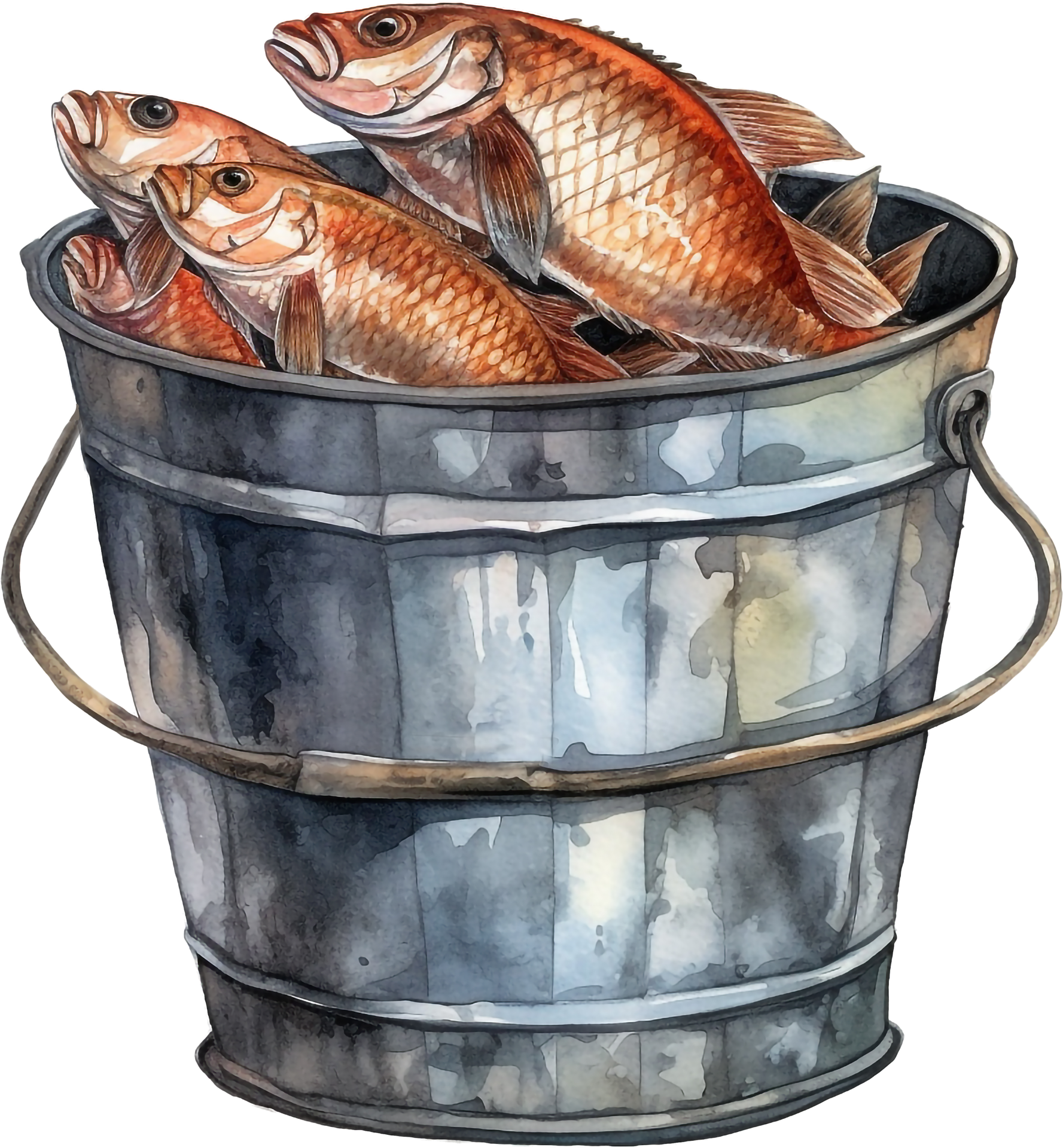 Watercolor drawing fishing bucket. Full of fish with red fins. Angling gear  for logo, banner, card, leaflet, textile, sticker, wallpapers, wrapping  paper, scrapbooking 26979887 PNG