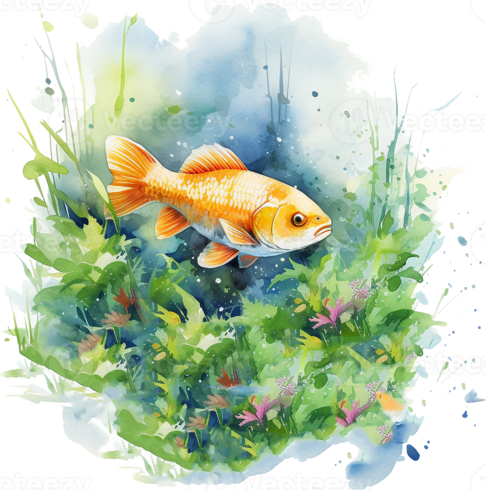 vistoso koi pescado acuarela Arte detallado ilustración con flor chapoteo y agua salpicaduras diseños pared decoración obras de arte peces naranja-oro color pescado y azul agua chapoteo png