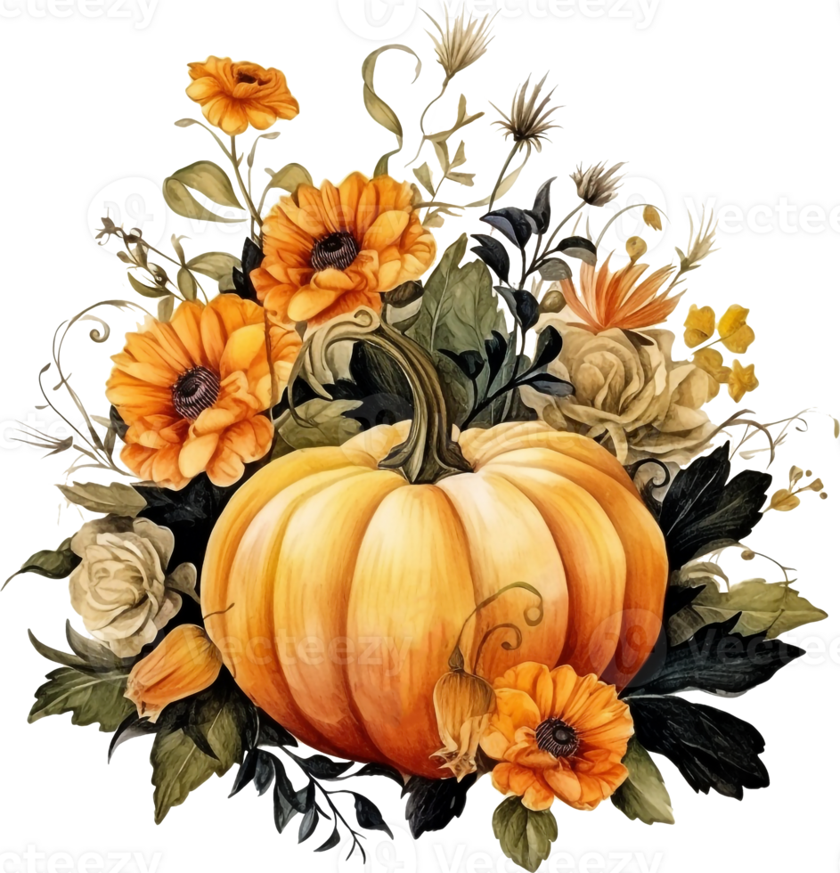 waterverf halloween illustratie met helder pompoenen, zwart bloemen en bladeren, botten getrokken door hand. halloween illustratie voor sticker, uitnodiging, poster, verpakking, ontwerpen, kaarten png