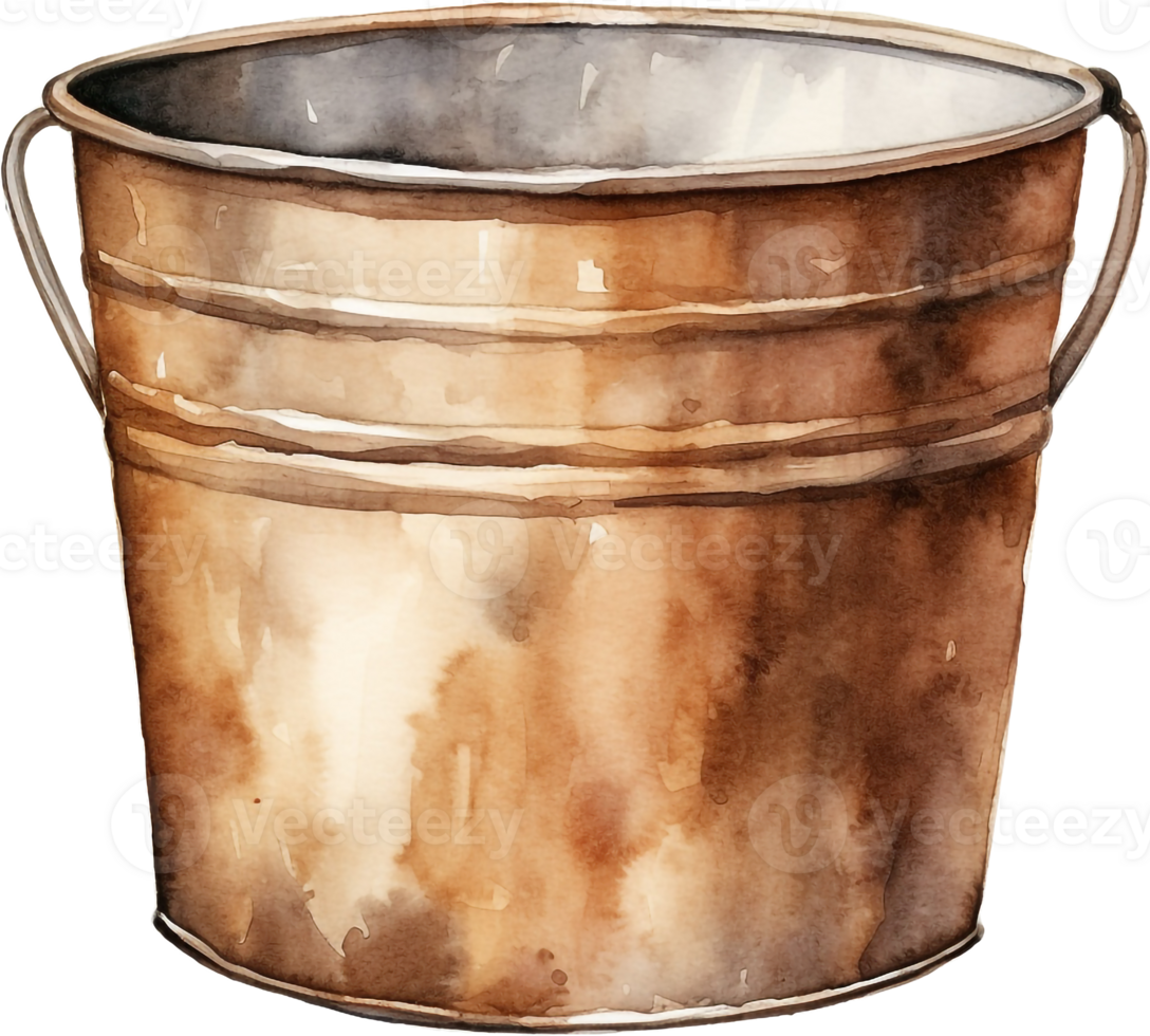 Rustic iron metal rusty bucket. Watercolor painting isolated on white background. Fishing. png