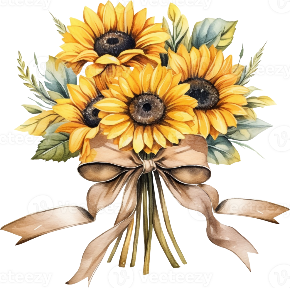 Composition with sunflower flowers tied with a satin ribbon.Illustration in a rustic style. Hand-drawn on a white background. png