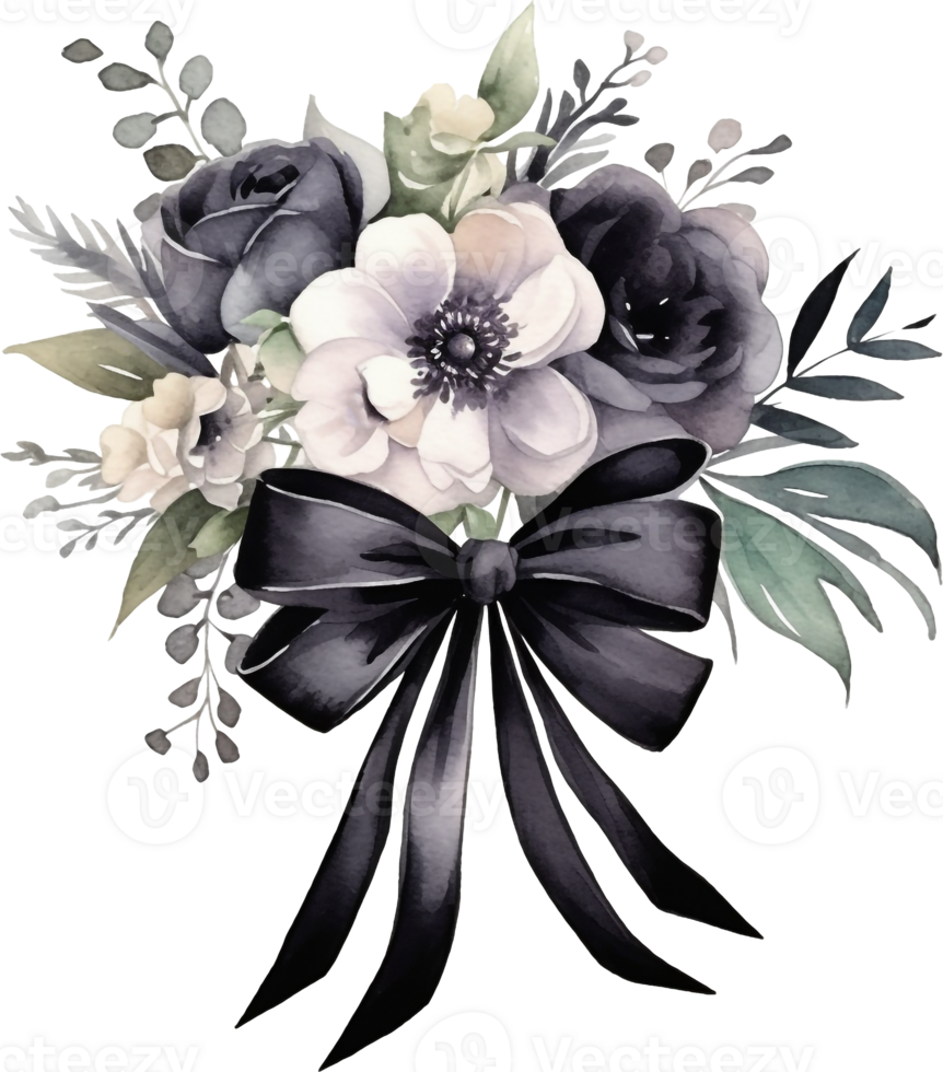 Witchy Dark Gothic Crescent black Roses wedding bouquet Dark Fantasy Gardening Watercolor Clipart. Halloween weddin bouquet with black satin ribbon. png