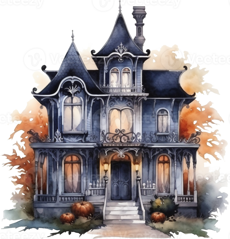 Aquarell schwarz viktorianisch Haus mit Pimkins Halloween Dekor. dunkel Illustration png