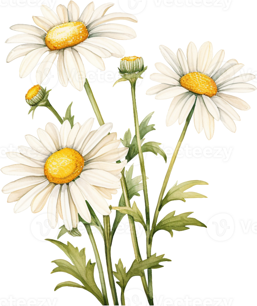 Watercolor daisy, hand painted floral illustration, white flowers isolated on a white background. png