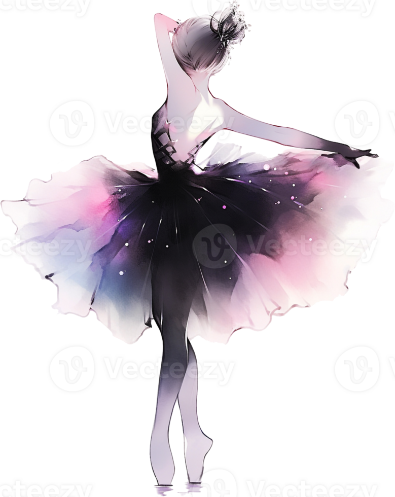 watercolor ballerina in black dress tutu. Isolated painting sketch on white background. png