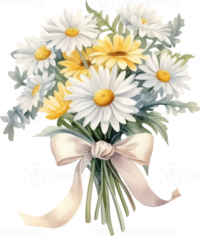 Set of camomile bouquet with satin ribbon hand drawn. Watercolor floral illustration of delicate flowers isolated on light-green background. Chamomiles for printing, logo, postcards, picture png