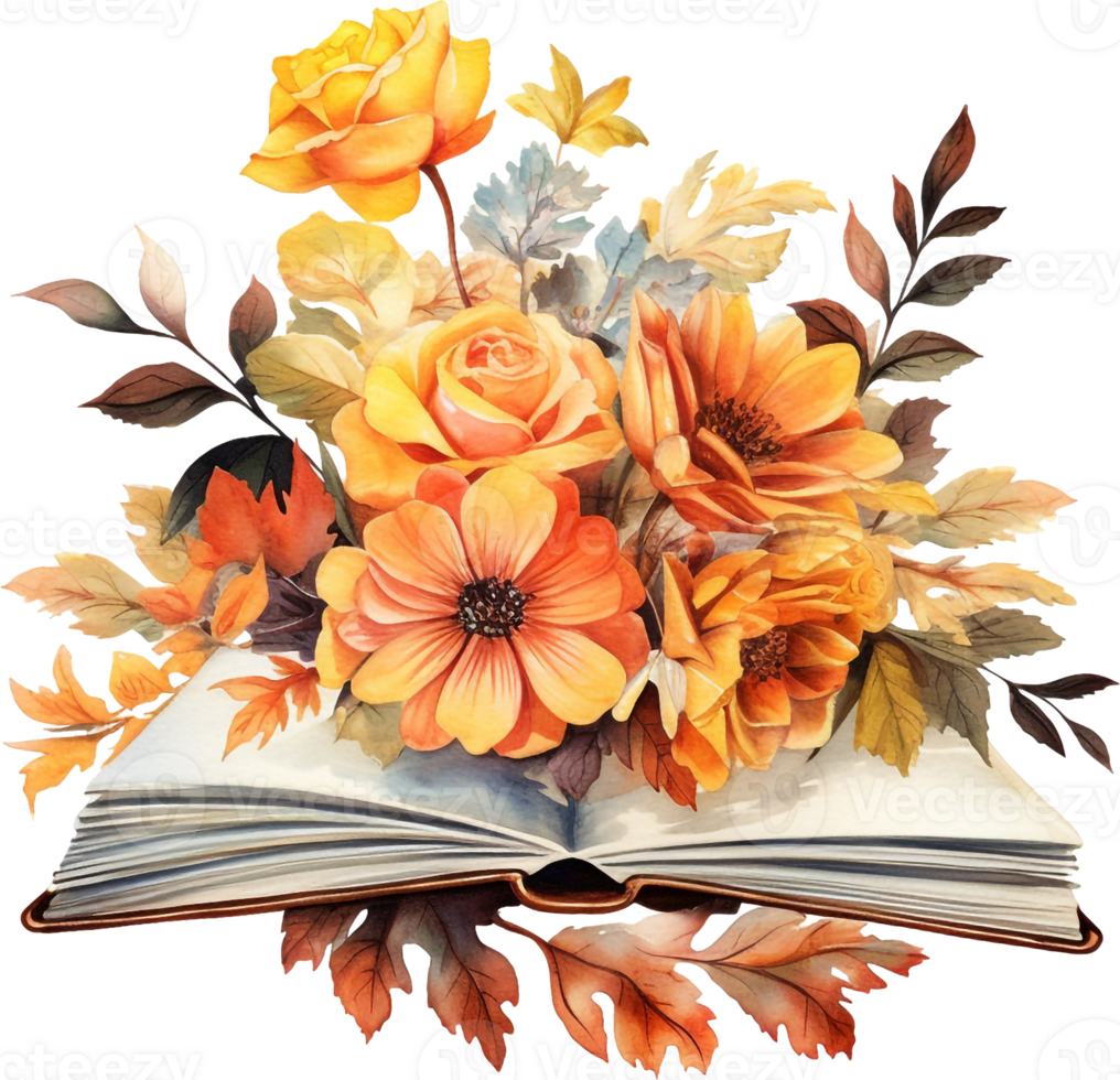 Watercolor autumn composition with open book and fall flowers. png