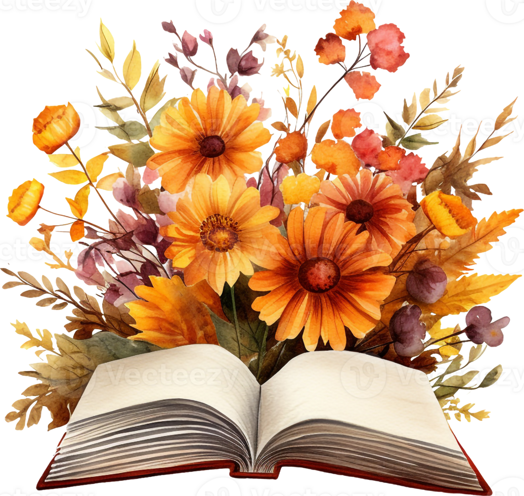 Watercolor autumn composition with open book and fall flowers. png