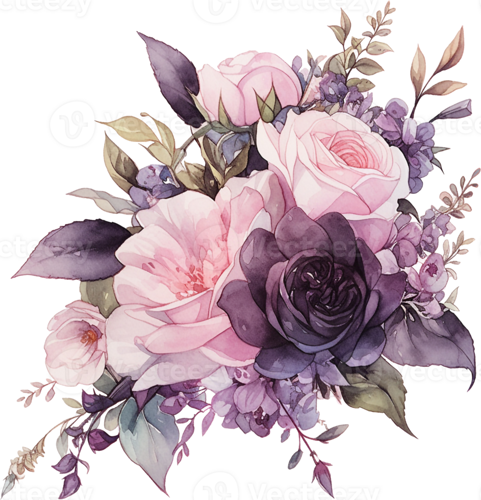 Watercolor Floral Gothic Arrangement Isolated on White Background. Halloween Botanical Illustration in Vintage Style. Gothic Dark Wedding Decoration. png