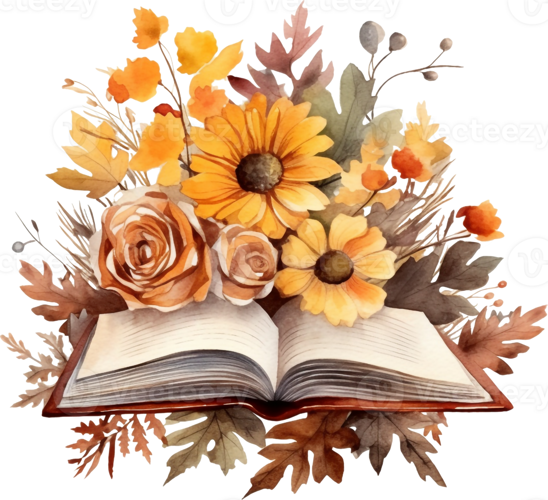 Watercolor autumn composition with open book and fall flowers. png