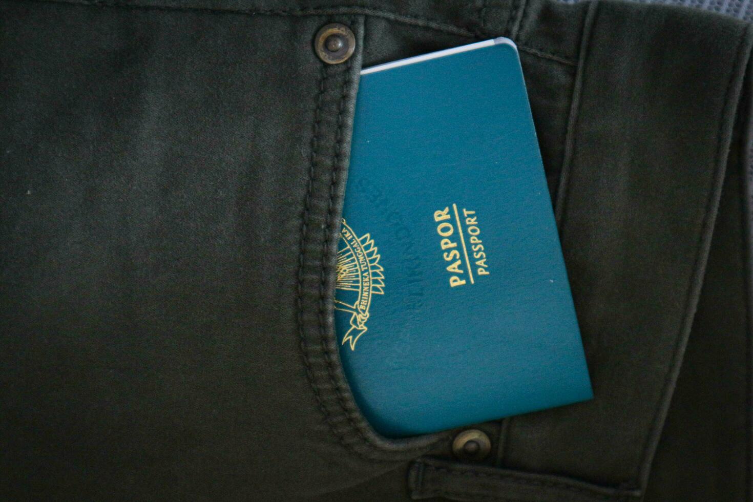 un indonesio ciudadanía pasaporte en un verde mezclilla bolsillo. foto