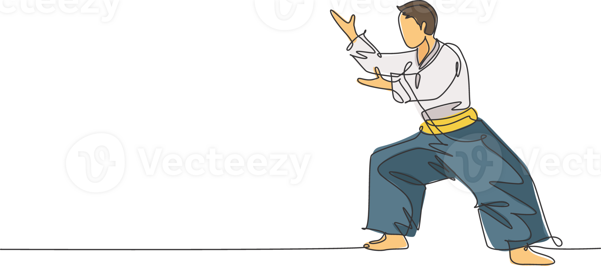 Single continuous line drawing young sportive man wearing kimono practice aikido fighting stance pose technique. Japanese martial art concept. Trendy one line draw design illustration graphic png