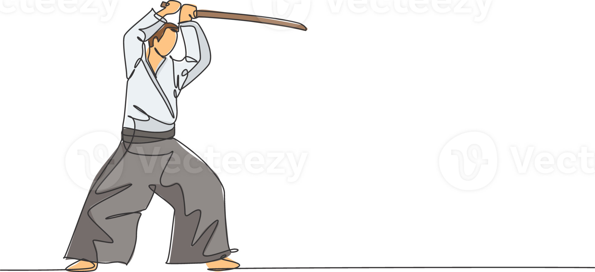 One single line drawing of young energetic man wearing kimono exercise aikido technique with wooden sword in sports hall illustration. Healthy sport concept. Modern continuous line draw design png